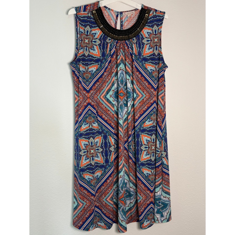 CB Established 1962 Beaded Neck Geometric Print Sleeveless Shift Dress 1X Blue